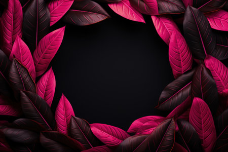 Pink leaf frame on a dark background with empty space. neon light, realistic illustration made with Generative AIの素材