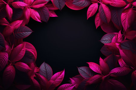 Pink leaf frame on a dark background with empty space. neon light, realistic illustration made with Generative AIの素材