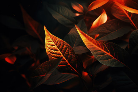 orange and gold leaf on a dark background, realistic illustration made with Generative AIの素材