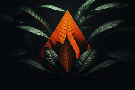 Image of leaves in with bright orange triangle, dark background. Made with Generative AIの素材