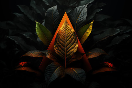 Image of leaves in with bright orange triangle, dark background. Made with Generative AIの素材