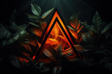 Image of leaves in with bright orange triangle, dark background. Made with Generative AIの素材