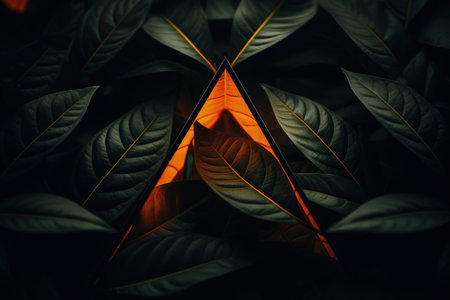 Image of leaves in with bright orange triangle, dark background. Made with Generative AIの素材
