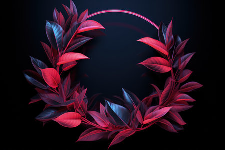Image of leaves in pink neon circle, dark background. Made with Generative AIの素材