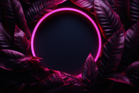 Image of leaves in pink neon circle, dark background. Made with Generative AIの素材