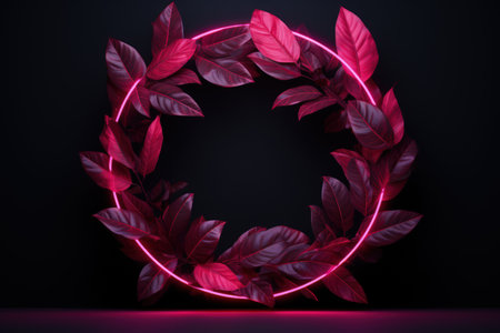 Image of leaves in pink neon circle, dark background. Made with Generative AIの素材