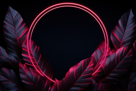 Image of leaves in pink neon circle, dark background. Made with Generative AIの素材