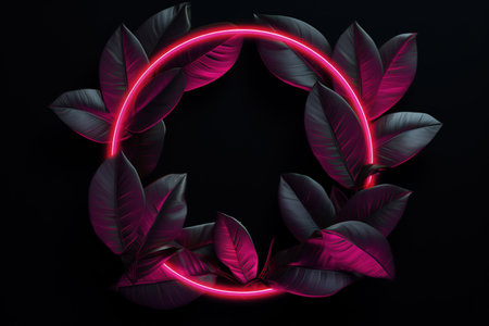 Image of leaves in pink neon circle, dark background. Made with Generative AIの素材