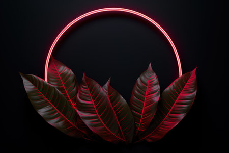 Image of leaves in pink neon circle, dark background. Made with Generative AIの素材