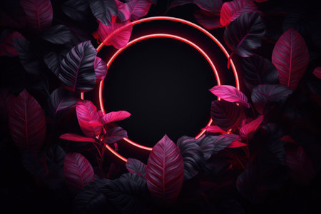 Image of leaves in pink neon circle, dark background. Made with Generative AIの素材