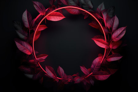 Image of leaves in pink neon circle, dark background. Made with Generative AIの素材
