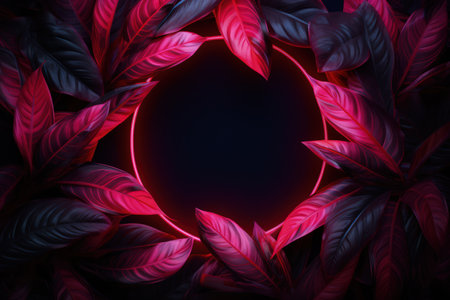 Image of leaves in pink neon circle, dark background. Made with Generative AIの素材