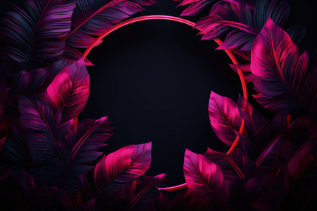 Image of leaves in pink neon circle, dark background. Made with Generative AIの素材