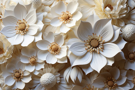 White paper flowers background. Textured flowers backdrop. Made with Generative AIの素材