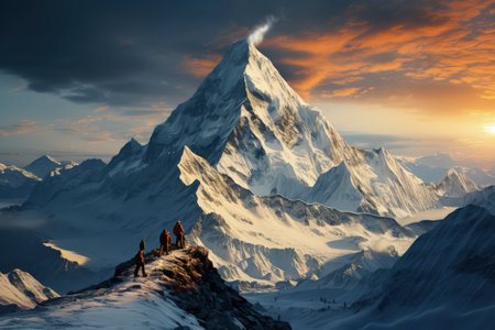 Everest mountain in beautiful cinematic light, snowy mountains. Amazing landscape made with Generative AIの素材