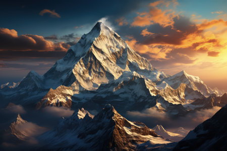 Everest mountain in beautiful cinematic light, snowy mountains. Amazing landscape made with Generative AIの素材