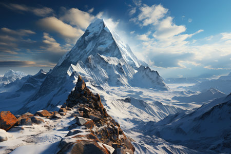 Everest mountain in beautiful cinematic light, snowy mountains. Amazing landscape made with Generative AIの素材