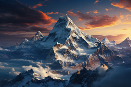 Everest mountain in beautiful cinematic light, snowy mountains. Amazing landscape made with Generative AIの素材