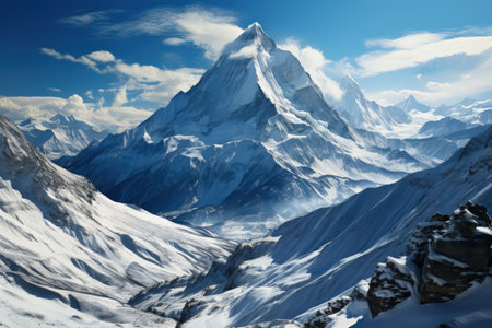 Everest mountain in beautiful cinematic light, snowy mountains. Amazing landscape made with Generative AIの素材