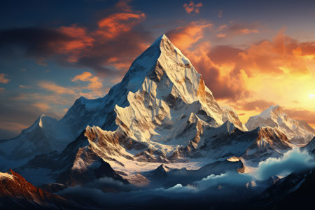 Everest mountain in beautiful cinematic light, snowy mountains. Amazing landscape made with Generative AIの素材