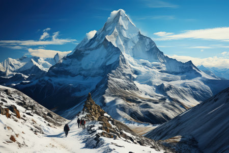 Everest mountain in beautiful cinematic light, snowy mountains. Amazing landscape made with Generative AIの素材