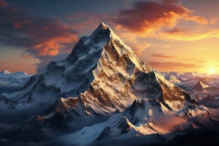 Everest mountain in beautiful cinematic light, snowy mountains. Amazing landscape made with Generative AIの素材