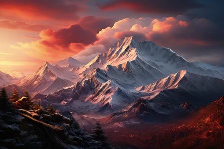 Everest mountain in beautiful cinematic light, snowy mountains. Amazing landscape made with Generative AIの素材
