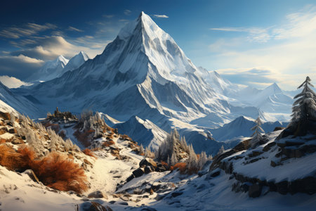 Everest mountain in beautiful cinematic light, snowy mountains. Amazing landscape made with Generative AIの素材