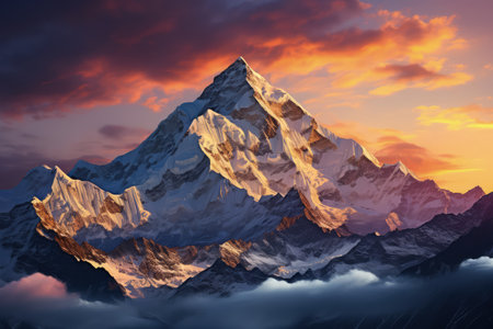 Everest mountain in beautiful cinematic light, snowy mountains. Amazing landscape made with Generative AIの素材