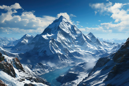 Everest mountain in beautiful cinematic light, snowy mountains. Amazing landscape made with Generative AIの素材