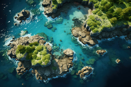 Tropical islands, top view, ocean, palms and small bungalows on a seashore. Made with Generative AIの素材