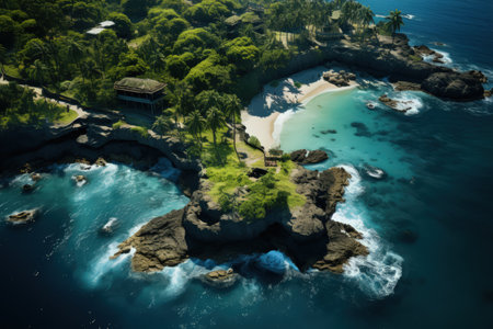 Tropical islands, top view, ocean, palms and small bungalows on a seashore. Made with Generative AIの素材