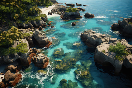 Tropical islands, top view, ocean, palms and small bungalows on a seashore. Made with Generative AIの素材