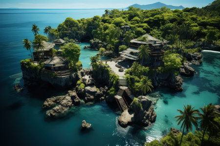 Tropical islands, top view, ocean, palms and small bungalows on a seashore. Made with Generative AIの素材