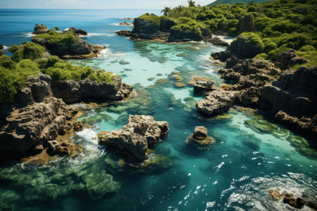 Tropical islands, top view, ocean, palms and small bungalows on a seashore. Made with Generative AIの素材
