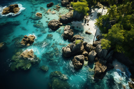 Tropical islands, top view, ocean, palms and small bungalows on a seashore. Made with Generative AIの素材