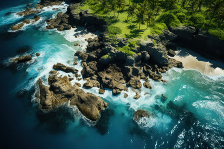 Tropical islands, top view, ocean, palms and small bungalows on a seashore. Made with Generative AIの素材