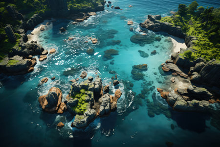 Tropical islands, top view, ocean, palms and small bungalows on a seashore. Made with Generative AIの素材