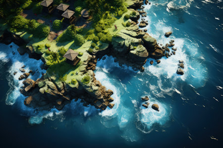 Tropical islands, top view, ocean, palms and small bungalows on a seashore. Made with Generative AIの素材