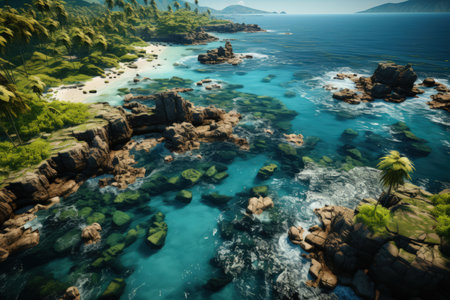 Tropical islands, top view, ocean, palms and small bungalows on a seashore. Made with Generative AIの素材