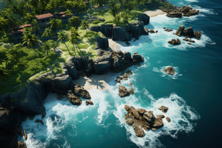 Tropical islands, top view, ocean, palms and small bungalows on a seashore. Made with Generative AIの素材