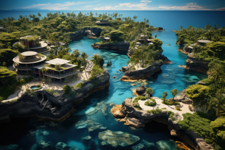 Tropical islands, top view, ocean, palms and small bungalows on a seashore. Made with Generative AIの素材