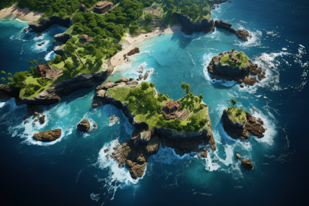 Tropical islands, top view, ocean, palms and small bungalows on a seashore. Made with Generative AIの素材