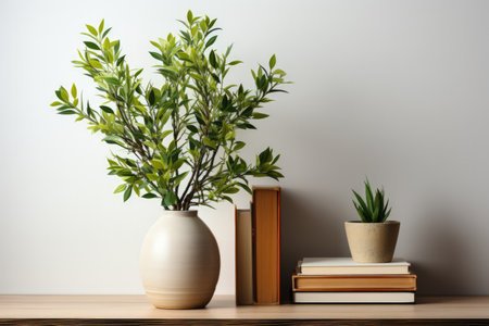 Scandi style interior with Green plants in pot, wooden book shelf with empty space. Made with Generative AIの素材