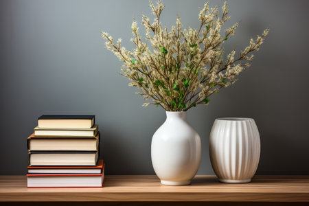 Scandi style interior with Green plants in pot, wooden book shelf with empty space. Made with Generative AIの素材