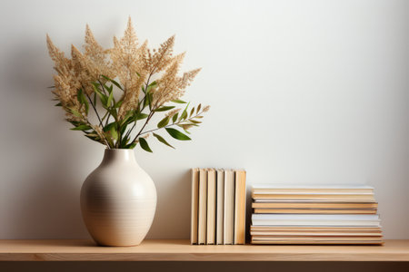 Scandi style interior with Green plants in pot, wooden book shelf with empty space. Made with Generative AIの素材