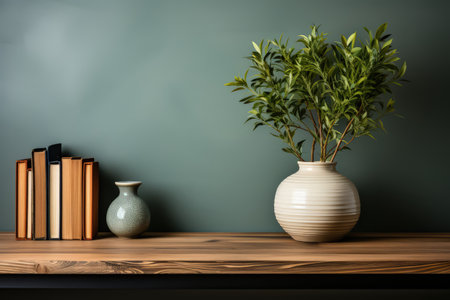 Scandi style interior with Green plants in pot, wooden book shelf with empty space. Made with Generative AIの素材
