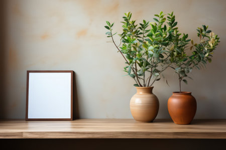 Scandi style interior with Green plants in pot, wooden book shelf with empty space. Made with Generative AIの素材