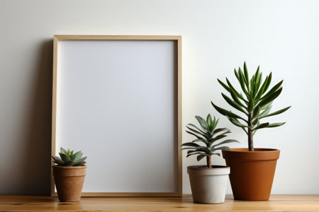 Scandi style interior with Green plants in pot, wooden book shelf with empty space. Made with Generative AIの素材