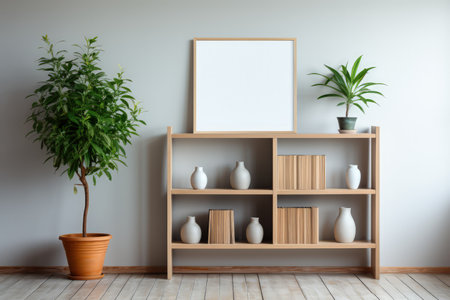 Scandi style interior with Green plants in pot, wooden book shelf with empty space. Made with Generative AIの素材